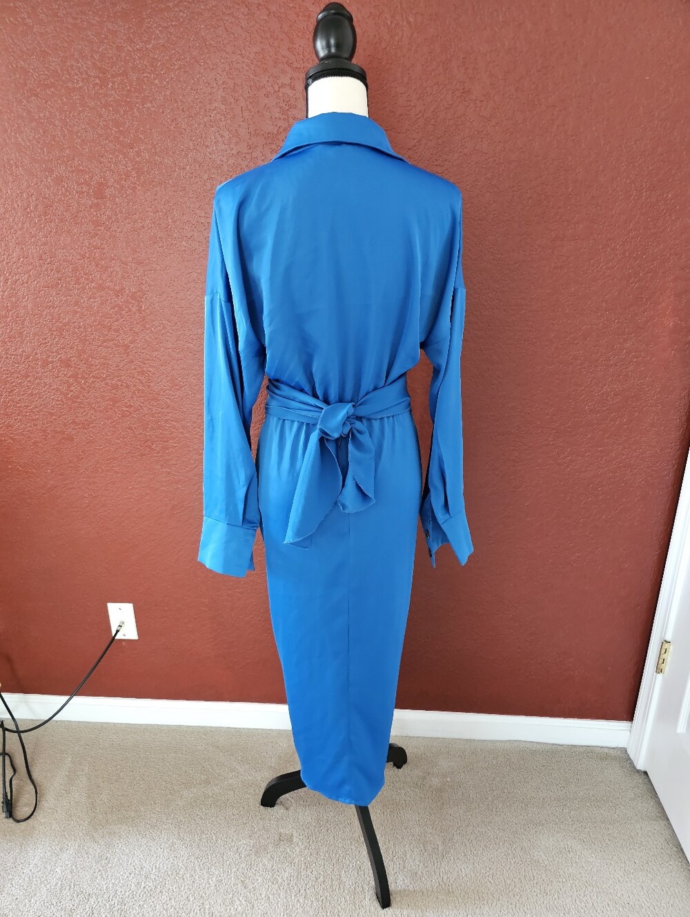 Asymmetrical Blue Satin Button-Front Dress with Waist Tie - Picture 7 of 13